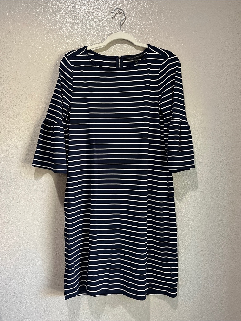 White House Black Market Navy White Striped Bell-Sleeve Shift Dress Sz M TC0099